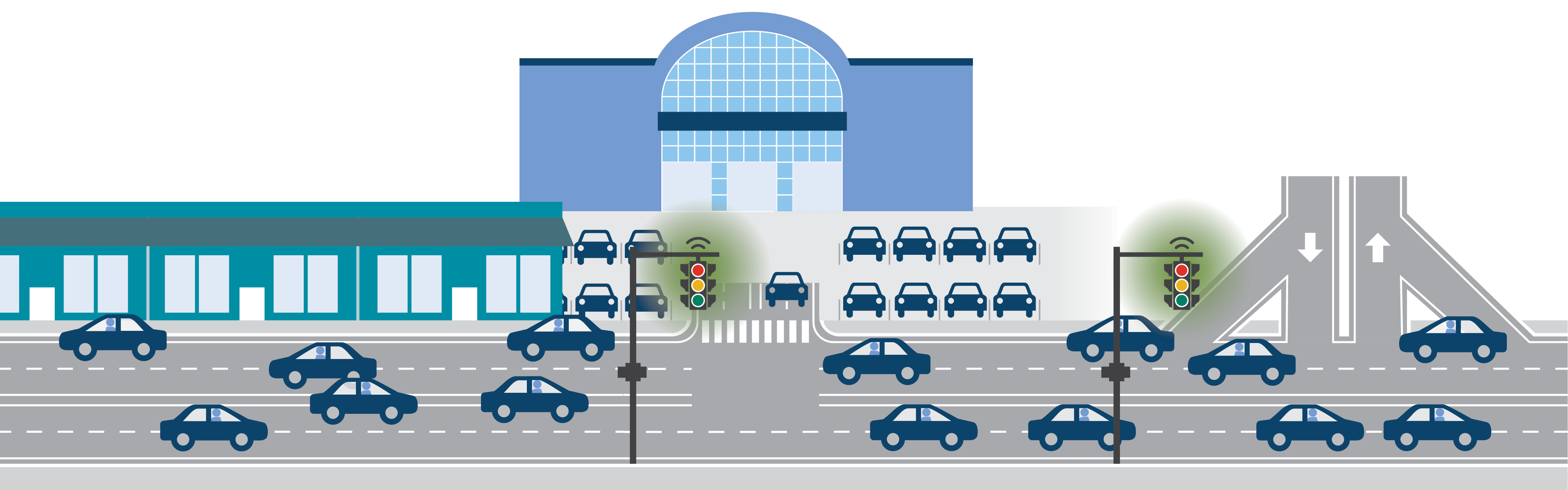 Graphic depicting a busy roadway and working traffic signals.