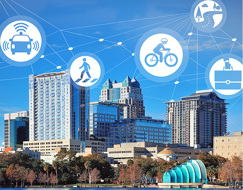 A photo of downtown Orlando with icons depicting a connected vehicle, pedestrian, bicyclist, rural road, and  briefcase.